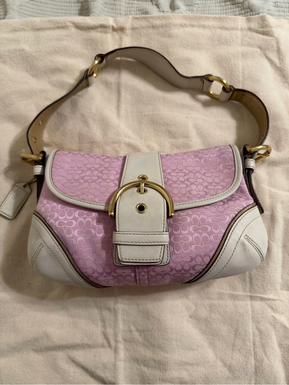 Vintage Coach Pink Signature Jacquard Shoulder Bag Purse – Ivory Leather Trim